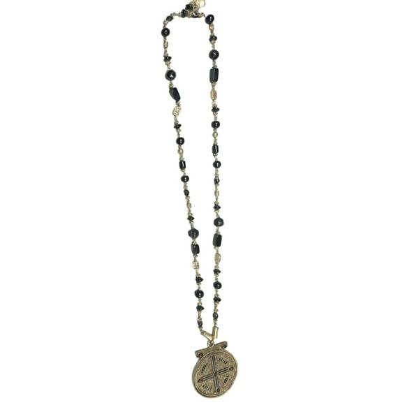 Vintage Pilgrim Silver Tone Necklace With Ornate Round Medallion Pendant & Black - Picture 4 of 7